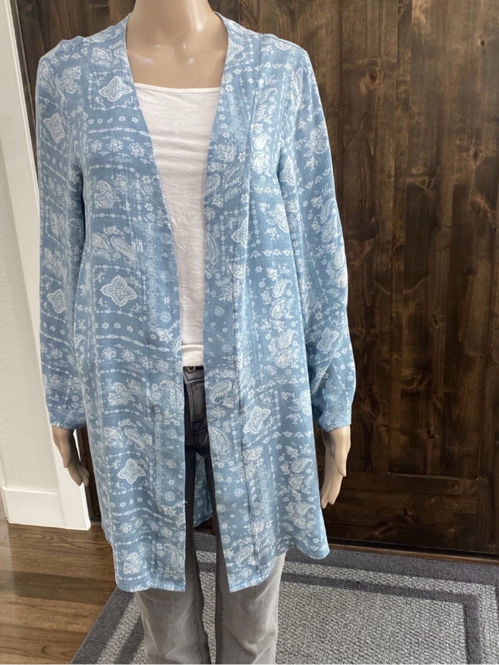 Knox Rose Blue & White Paisley Open-Front Cardigan Size Large- 024